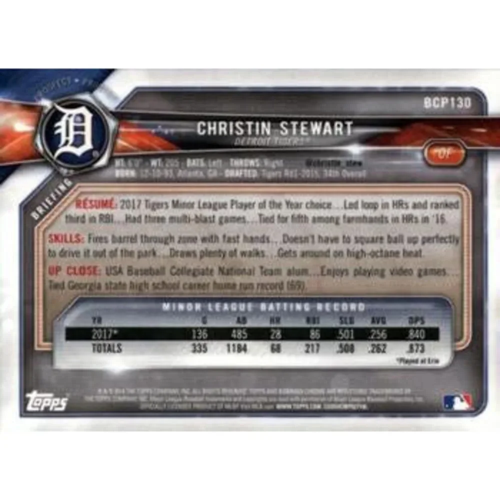 2018 Bowman Chrome Prospects Christin Stewart BCP130 Detroit Tigers